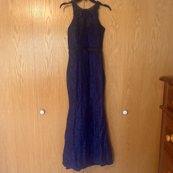 PromGirl Navy Blue Lace Mermaid Dress with Mesh Paneling - Picture 2 of 5
